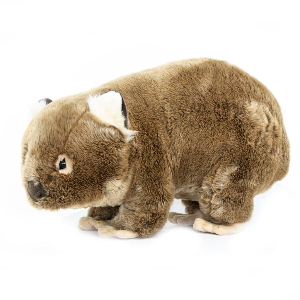 Weighted plush toy wombat named Digger, lying down with a realistic sleepy expression, soft brown fur, and lifelike detailing. Measures 55cm in length and weighs 4.5kg.
