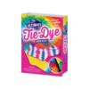 Tie Dye Kit for kids including white socks, colourful dye powders, bottles, gloves, rubber bands, and an instruction book in a fold-out box.