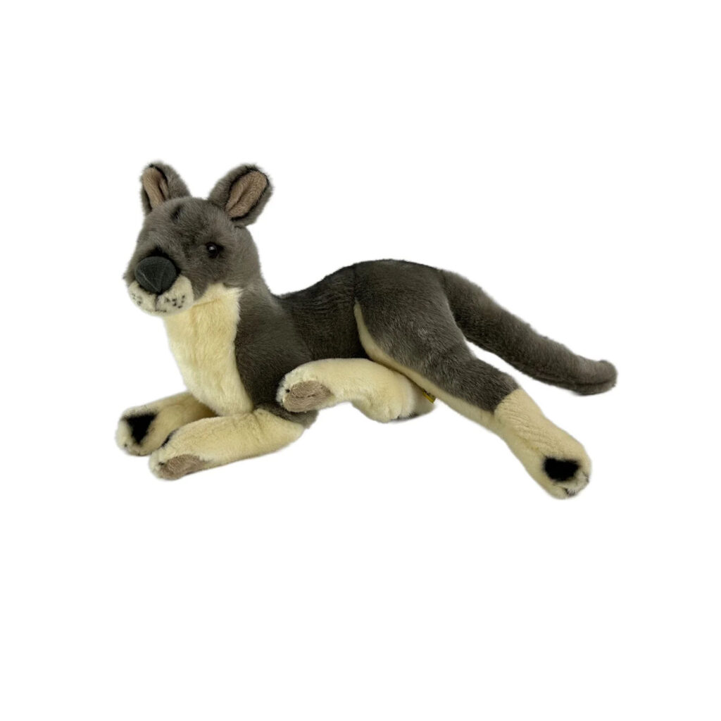 Joy is a beautifully handmade grey kangaroo plush toy with lifelike details, soft fur, and eco-friendly recycled stuffing — a cuddly and conscious companion.