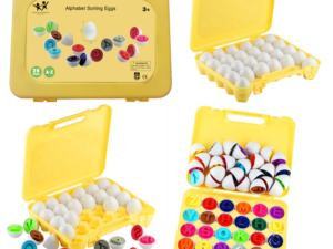 Alphabet Sorting Eggs – A fun and interactive letter-matching toy for kids. Includes 26 colorful eggs with uppercase and lowercase letters, stored in a yellow carrying case. Ideal for early learning and special needs education.