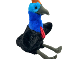 Caroline the Cassowary Puppet 25cm – a soft, eco-printed plush puppet featuring vibrant blue and black feathers, a striking orange casque, and lifelike details, perfect for storytelling and imaginative play.