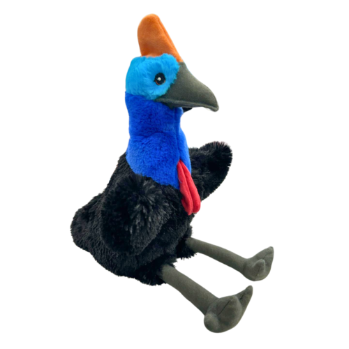 Caroline the Cassowary Puppet 25cm – a soft, eco-printed plush puppet featuring vibrant blue and black feathers, a striking orange casque, and lifelike details, perfect for storytelling and imaginative play.