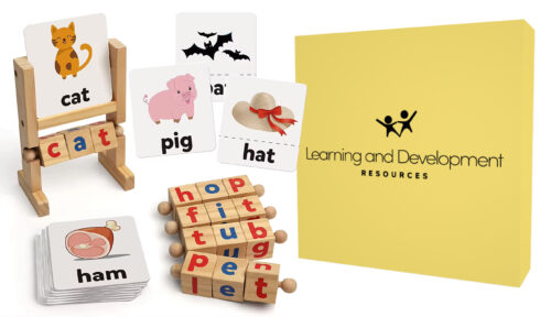Decodable Wooden Blocks phonics toy with letter-matching cubes, illustrated word cards, and a wooden stand, designed for early literacy and reading skills.